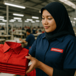 Pekerja wanita berhijab memeriksa tumpukan seragam supermarket merah di pabrik konveksi modern Jawa Barat.