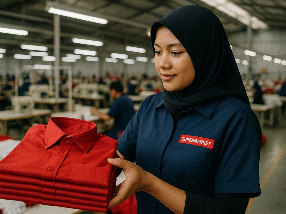 Pekerja wanita berhijab memeriksa tumpukan seragam supermarket merah di pabrik konveksi modern Jawa Barat.