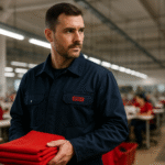 Pria berseragam tahan api sedang memegang kain merah di pabrik tekstil modern dengan suasana produksi aktif di latar belakang.
