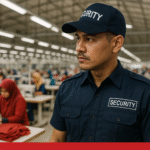 Petugas keamanan berseragam modern memantau area produksi di pabrik konveksi Jawa Barat dengan pekerja aktif di latar belakang.