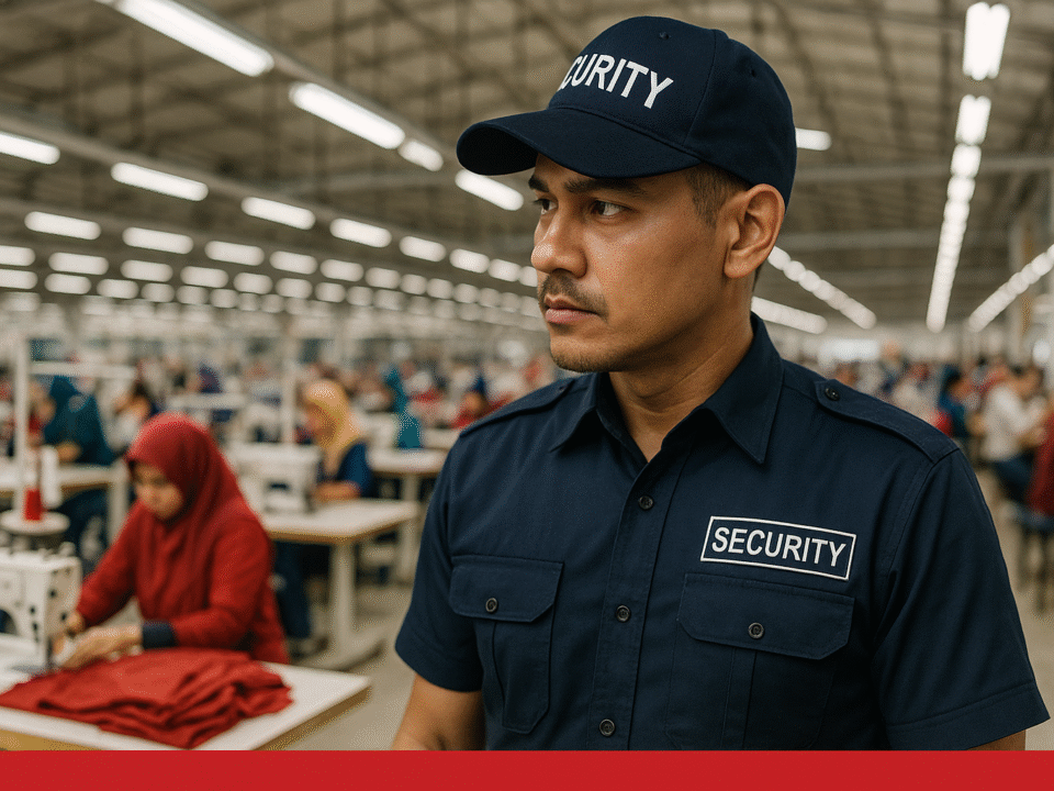 Petugas keamanan berseragam modern memantau area produksi di pabrik konveksi Jawa Barat dengan pekerja aktif di latar belakang.