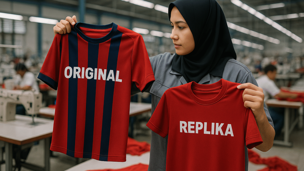 Pekerja wanita di pabrik tekstil memegang dua jersey, satu original dan satu replika, untuk diperiksa perbedaannya dalam proses produksi.