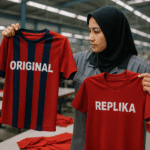 Pekerja wanita di pabrik tekstil memegang dua jersey, satu original dan satu replika, untuk diperiksa perbedaannya dalam proses produksi.