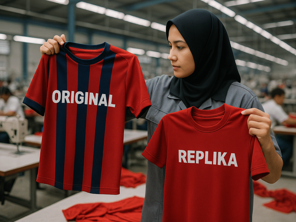 Pekerja wanita di pabrik tekstil memegang dua jersey, satu original dan satu replika, untuk diperiksa perbedaannya dalam proses produksi.