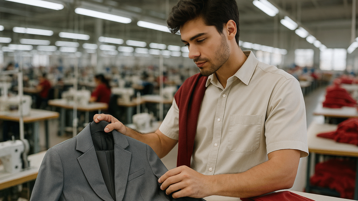 Seorang pria muda sedang memeriksa blazer kantor abu-abu di pabrik tekstil modern, mencerminkan tren desain pakaian kantor generasi Z.