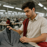Seorang pria muda sedang memeriksa blazer kantor abu-abu di pabrik tekstil modern, mencerminkan tren desain pakaian kantor generasi Z.