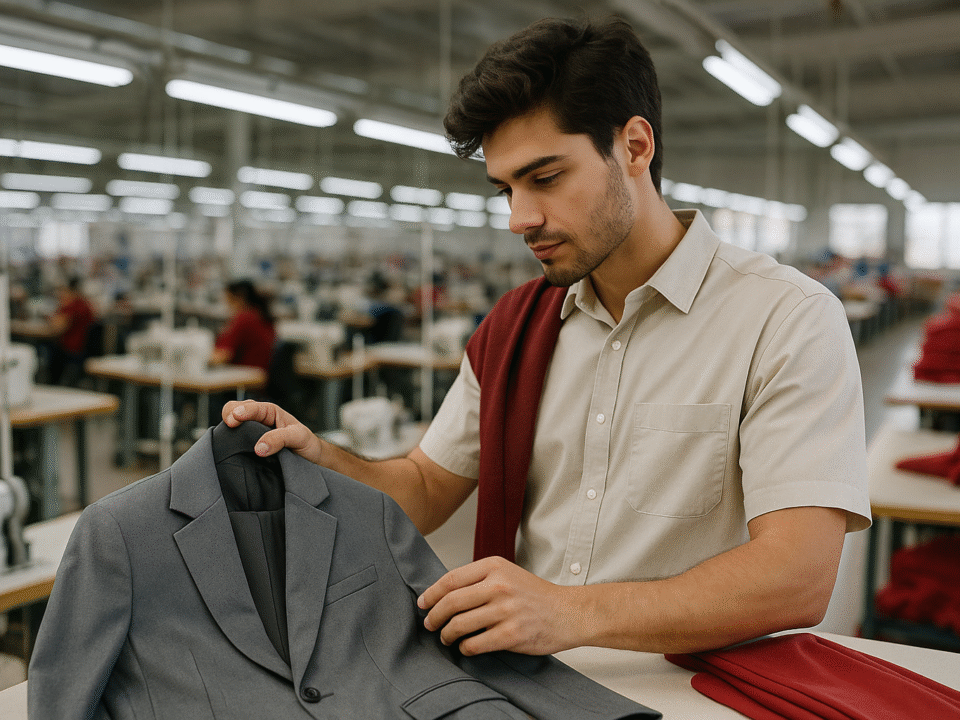 Seorang pria muda sedang memeriksa blazer kantor abu-abu di pabrik tekstil modern, mencerminkan tren desain pakaian kantor generasi Z.