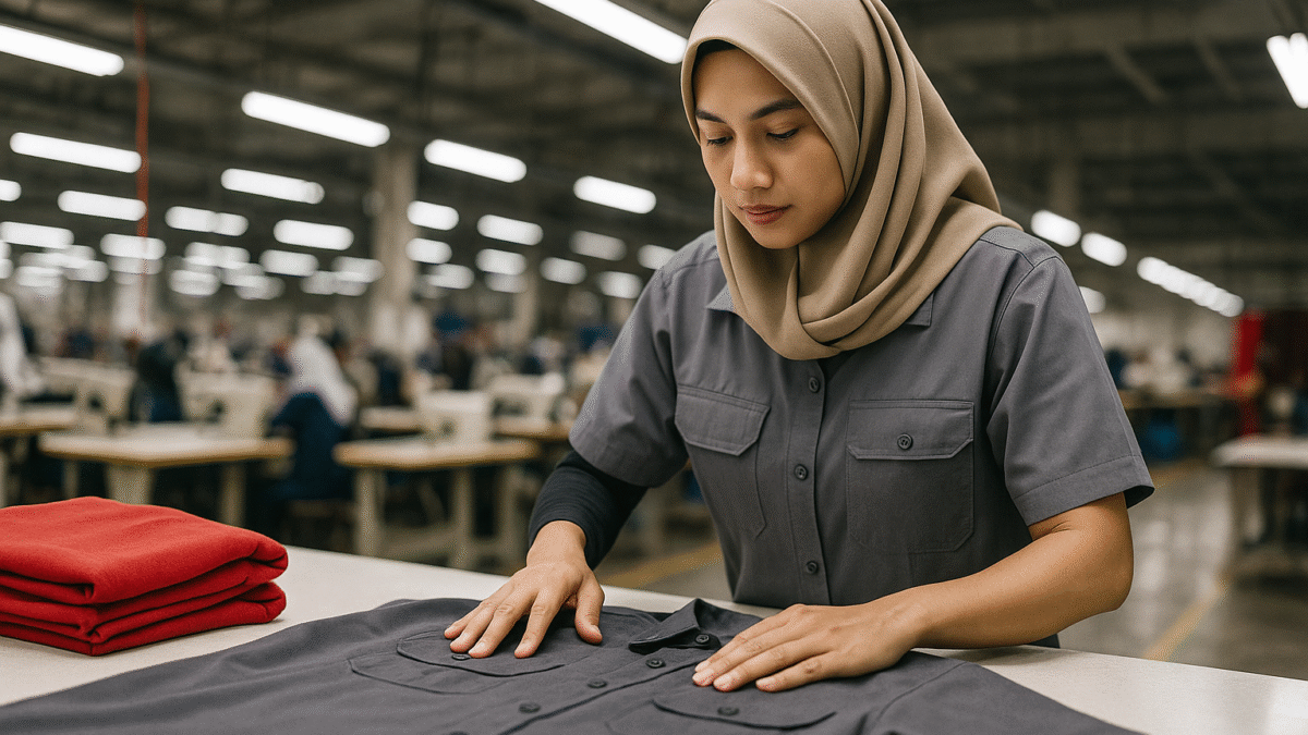 Seorang wanita berhijab sedang memeriksa seragam kerja di atas meja di pabrik konveksi modern di Jawa Barat.