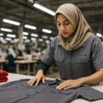 Seorang wanita berhijab sedang memeriksa seragam kerja di atas meja di pabrik konveksi modern di Jawa Barat.