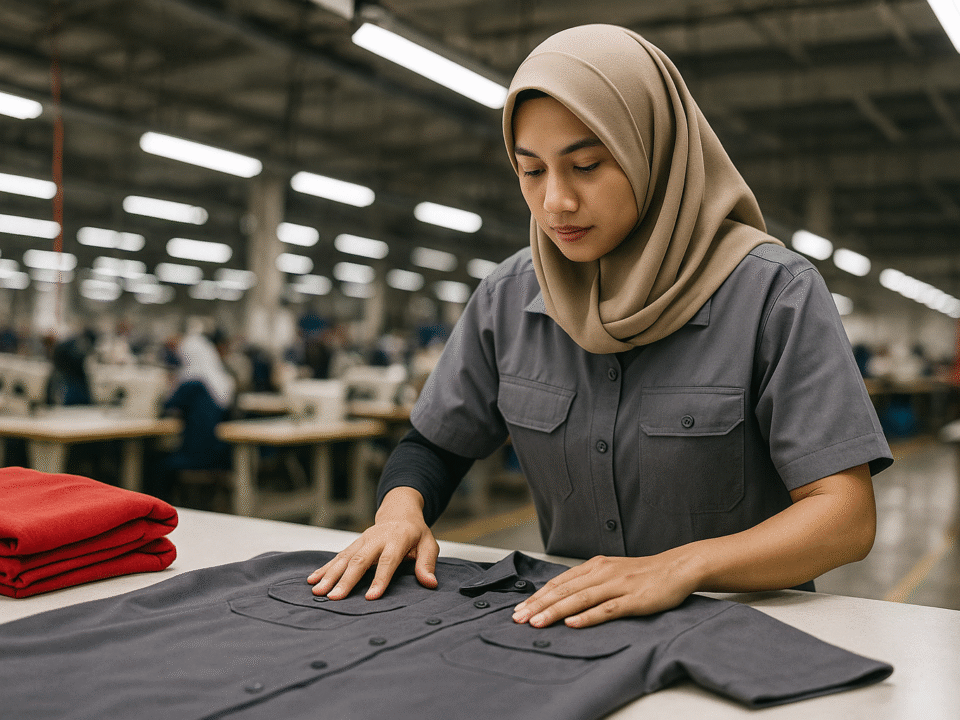 Seorang wanita berhijab sedang memeriksa seragam kerja di atas meja di pabrik konveksi modern di Jawa Barat.