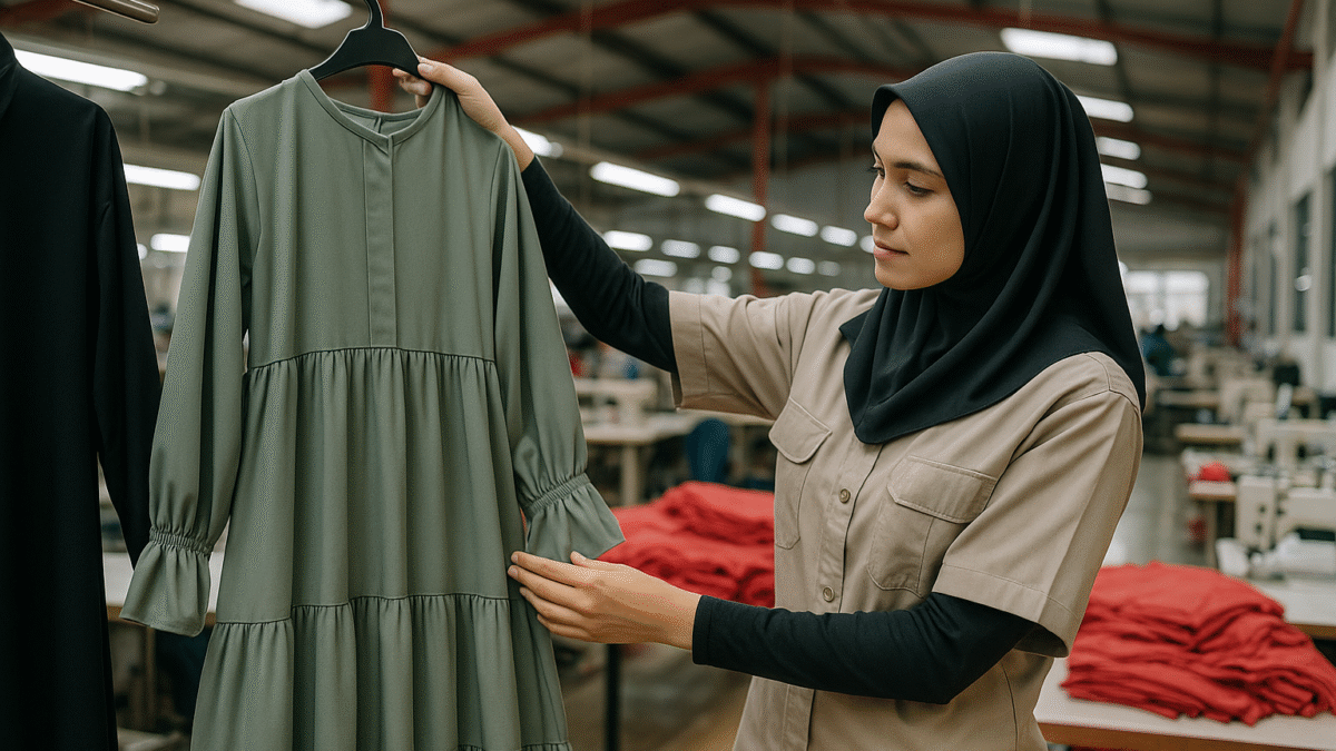 Pekerja wanita berhijab memeriksa detail desain gamis syar'i modern berwarna hijau di pabrik konveksi Jawa Barat.