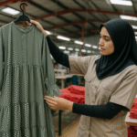 Pekerja wanita berhijab memeriksa detail desain gamis syar'i modern berwarna hijau di pabrik konveksi Jawa Barat.