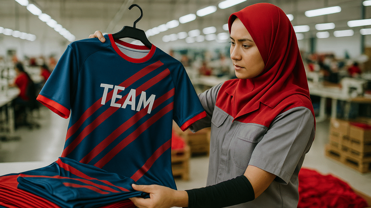 Seorang desainer wanita berhijab memeriksa jersey tim olahraga biru-merah di pabrik konveksi modern di Jawa Barat.