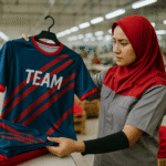 Seorang desainer wanita berhijab memeriksa jersey tim olahraga biru-merah di pabrik konveksi modern di Jawa Barat.