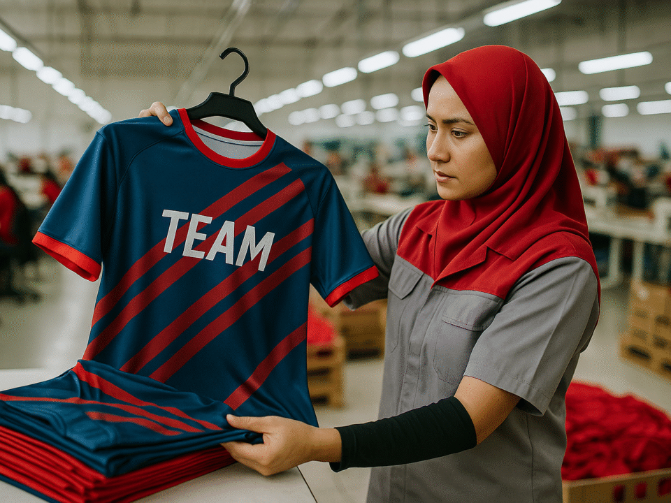 Seorang desainer wanita berhijab memeriksa jersey tim olahraga biru-merah di pabrik konveksi modern di Jawa Barat.