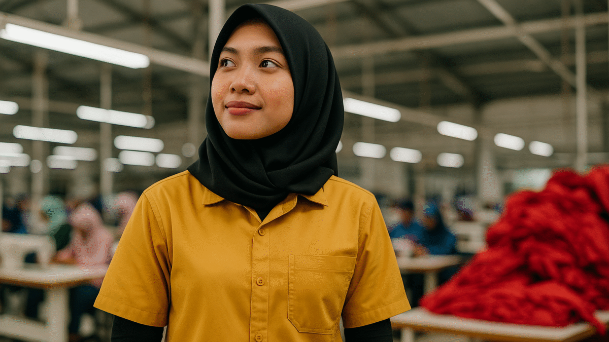 Seorang pekerja wanita berhijab mengenakan seragam kuning cerah berdiri di pabrik konveksi modern dengan latar tumpukan kain merah.