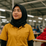 Seorang pekerja wanita berhijab mengenakan seragam kuning cerah berdiri di pabrik konveksi modern dengan latar tumpukan kain merah.