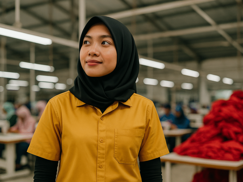 Seorang pekerja wanita berhijab mengenakan seragam kuning cerah berdiri di pabrik konveksi modern dengan latar tumpukan kain merah.