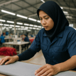 Seorang wanita berhijab memeriksa lembaran kain abu-abu di pabrik tekstil modern untuk bahan seragam laboratorium kimia.