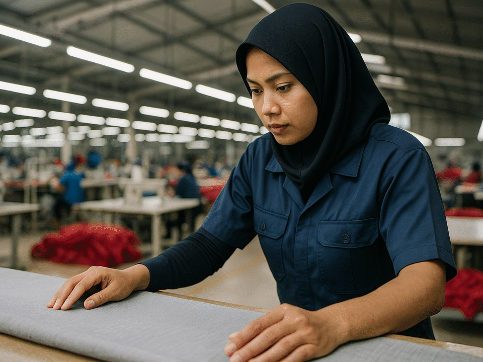 Seorang wanita berhijab memeriksa lembaran kain abu-abu di pabrik tekstil modern untuk bahan seragam laboratorium kimia.