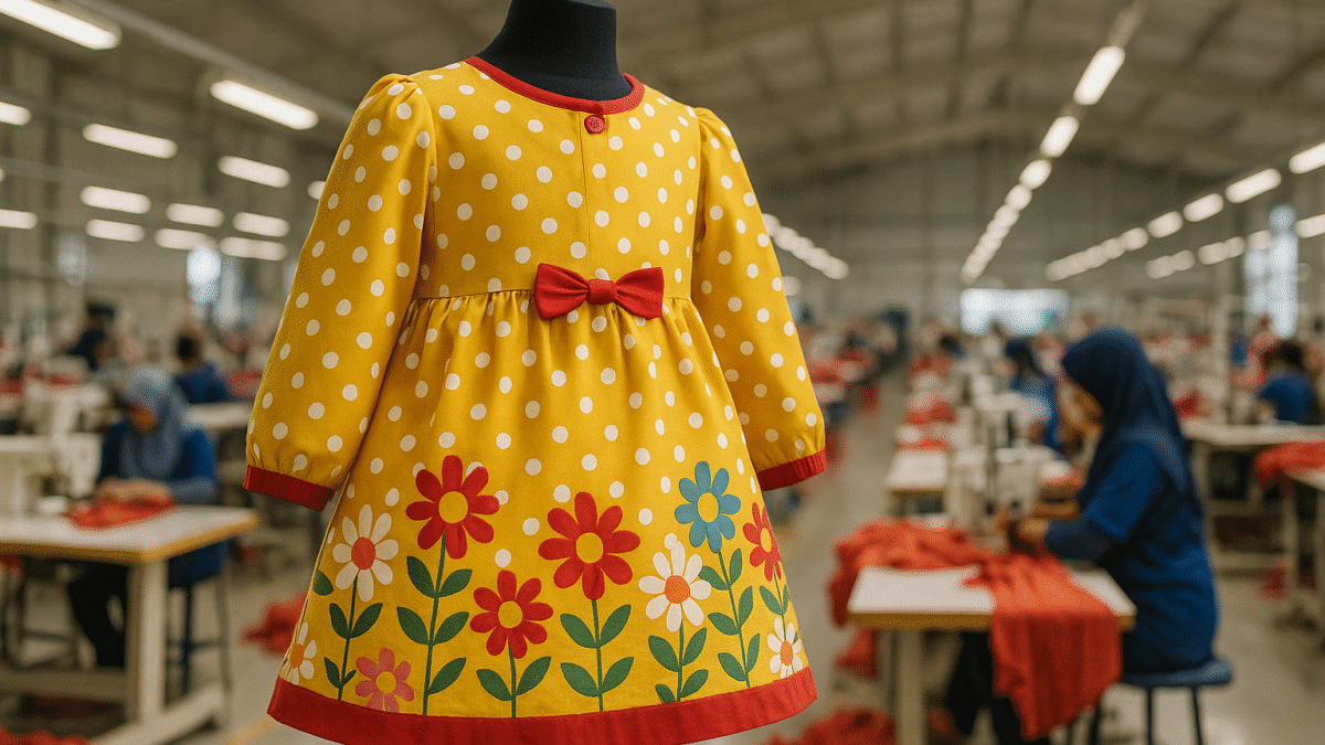 Tunik anak perempuan berwarna kuning ceria dipajang di manekin, berlatar pabrik konveksi modern di Jawa Barat.