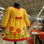 Tunik anak perempuan berwarna kuning ceria dipajang di manekin, berlatar pabrik konveksi modern di Jawa Barat.