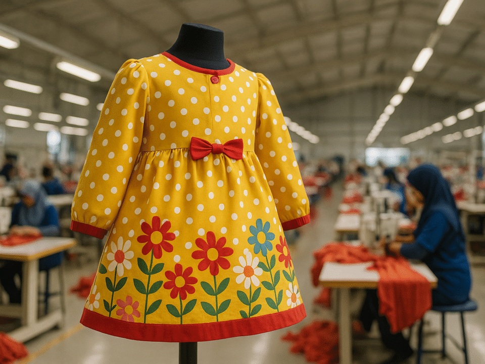 Tunik anak perempuan berwarna kuning ceria dipajang di manekin, berlatar pabrik konveksi modern di Jawa Barat.