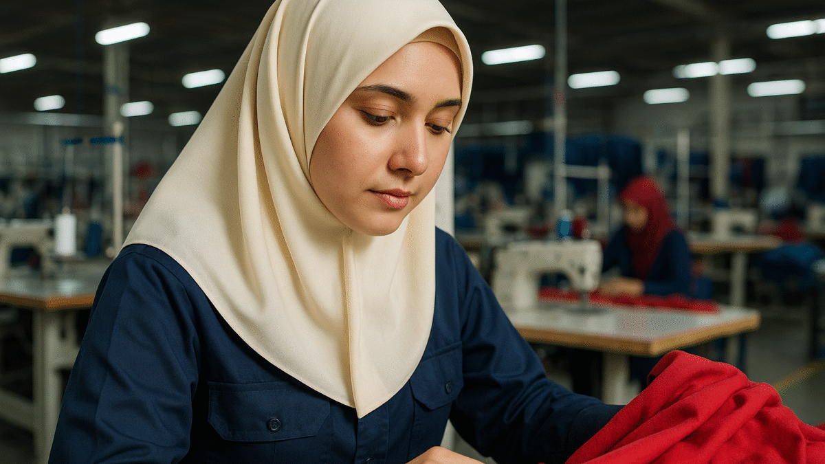 Seorang wanita berhijab segi empat krem sedang bekerja di pabrik tekstil modern, memegang kain merah di area produksi.