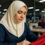 Seorang wanita berhijab segi empat krem sedang bekerja di pabrik tekstil modern, memegang kain merah di area produksi.