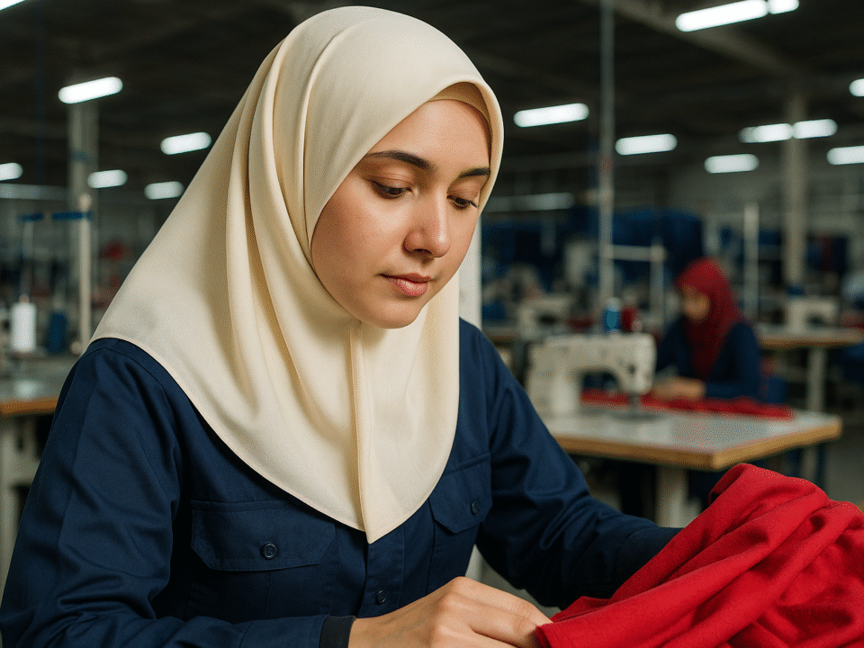Seorang wanita berhijab segi empat krem sedang bekerja di pabrik tekstil modern, memegang kain merah di area produksi.