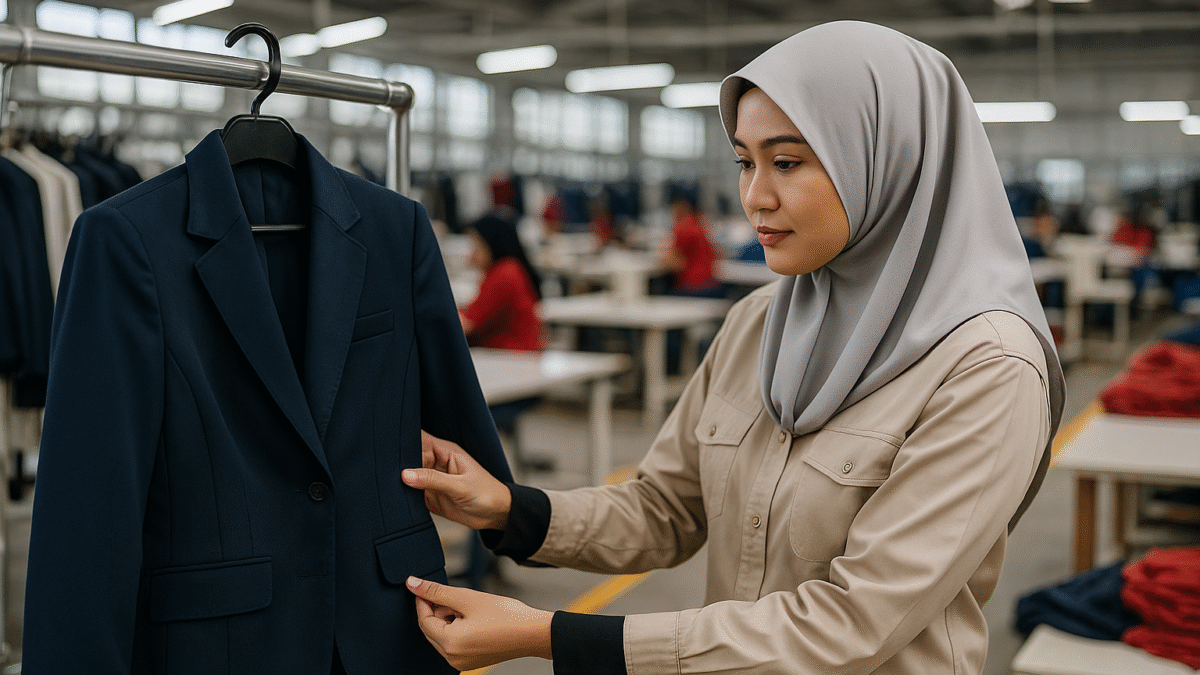Seorang wanita berhijab memeriksa blazer navy untuk seragam pegawai perbankan di pabrik konveksi modern Jawa Barat.