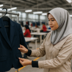 Seorang wanita berhijab memeriksa blazer navy untuk seragam pegawai perbankan di pabrik konveksi modern Jawa Barat.