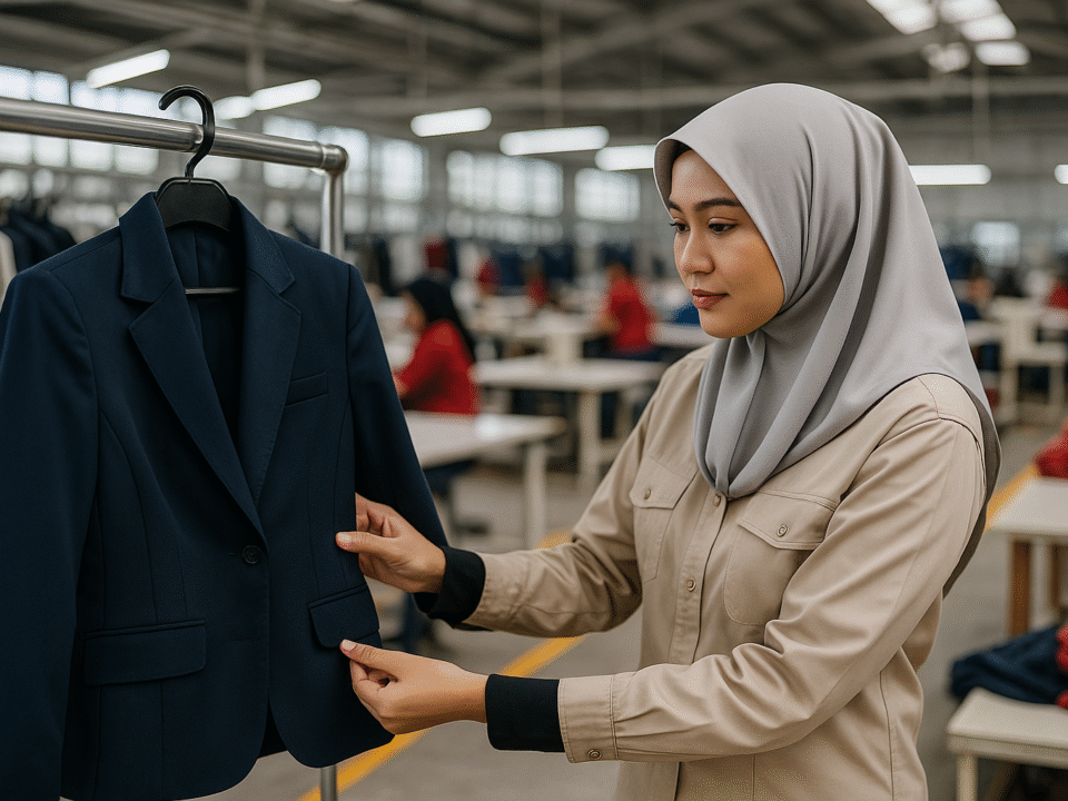 Seorang wanita berhijab memeriksa blazer navy untuk seragam pegawai perbankan di pabrik konveksi modern Jawa Barat.