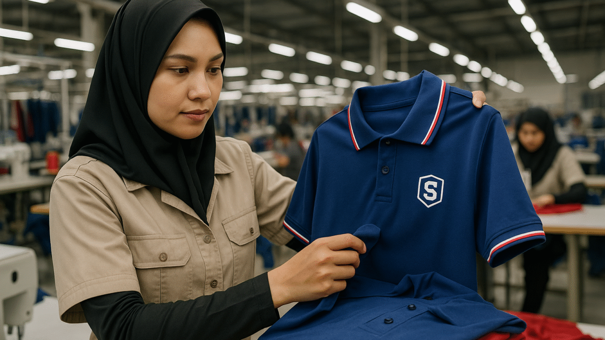 Seorang pekerja wanita berhijab memeriksa seragam polo biru di pabrik konveksi modern di Jawa Barat.