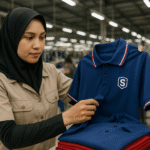 Seorang pekerja wanita berhijab memeriksa seragam polo biru di pabrik konveksi modern di Jawa Barat.