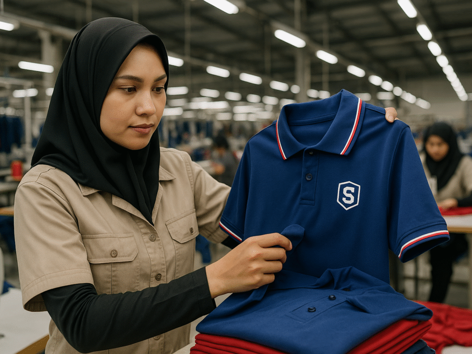 Seorang pekerja wanita berhijab memeriksa seragam polo biru di pabrik konveksi modern di Jawa Barat.