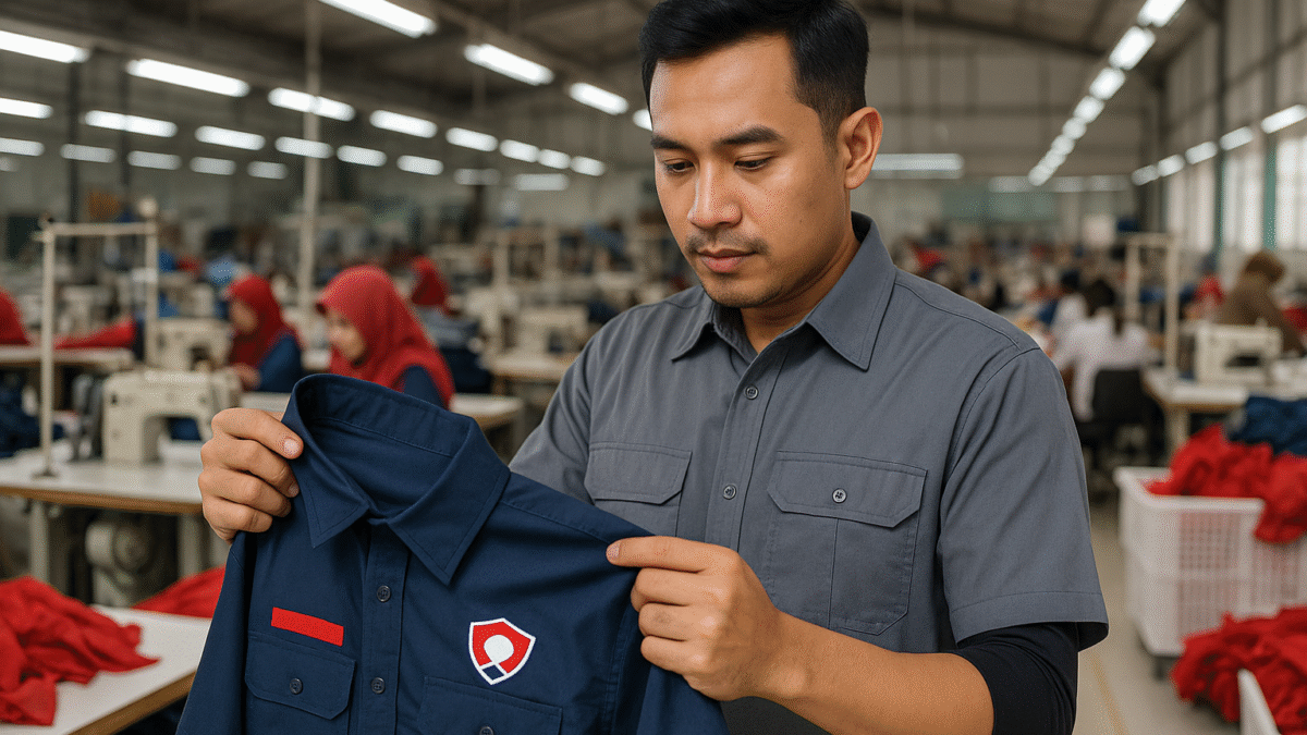 Seorang pria berseragam kerja memeriksa kualitas seragam perusahaan di pabrik konveksi modern Jawa Barat.