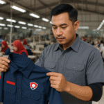 Seorang pria berseragam kerja memeriksa kualitas seragam perusahaan di pabrik konveksi modern Jawa Barat.