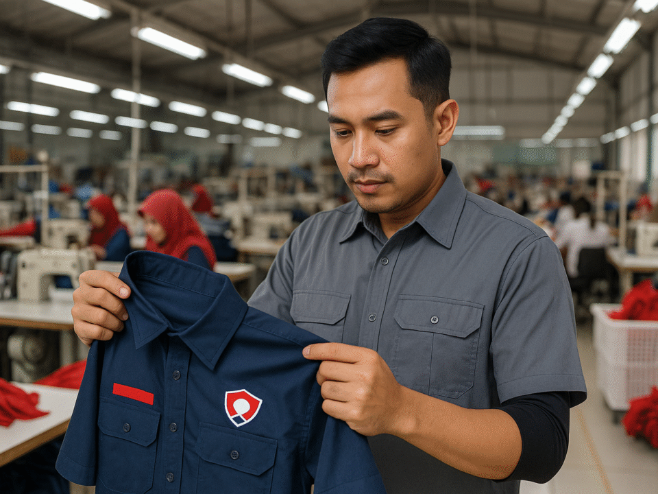 Seorang pria berseragam kerja memeriksa kualitas seragam perusahaan di pabrik konveksi modern Jawa Barat.