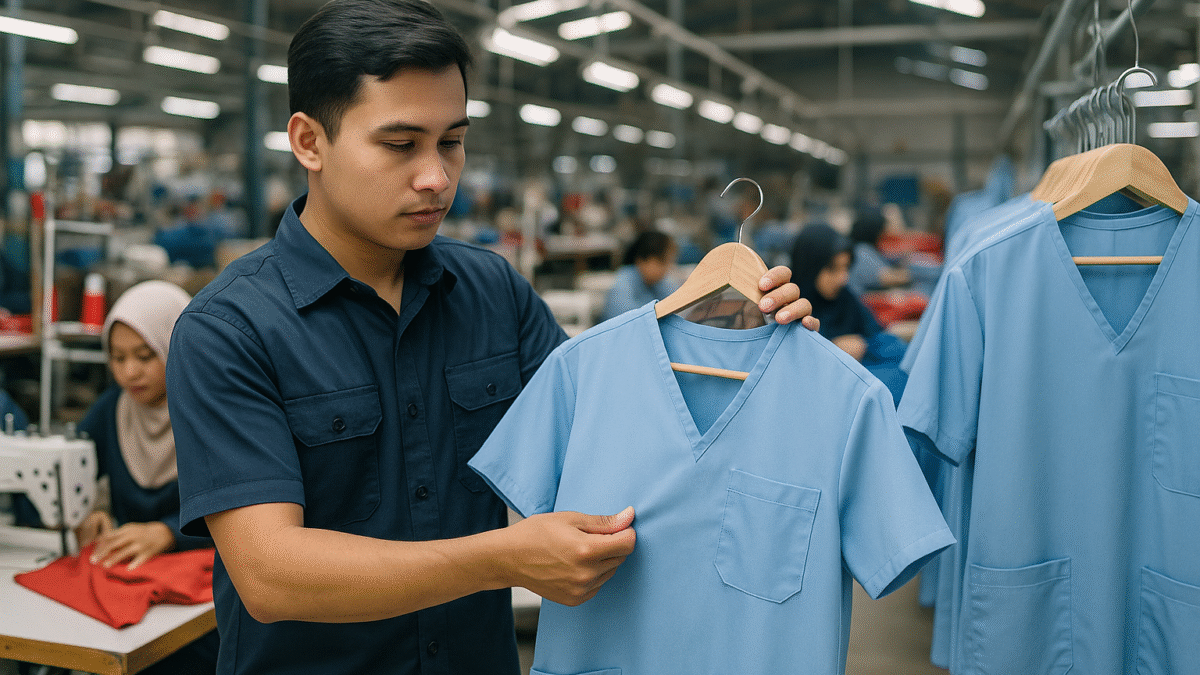 Pria berseragam kerja memeriksa kualitas seragam medis biru muda di pabrik tekstil modern Jawa Barat.