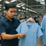 Pria berseragam kerja memeriksa kualitas seragam medis biru muda di pabrik tekstil modern Jawa Barat.