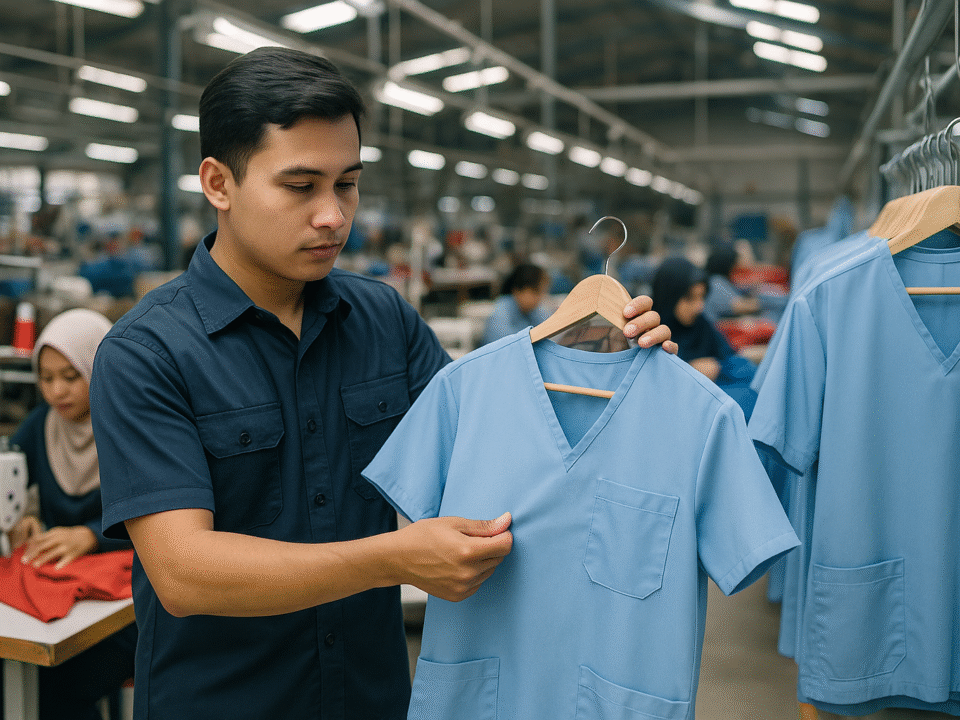 Pria berseragam kerja memeriksa kualitas seragam medis biru muda di pabrik tekstil modern Jawa Barat.