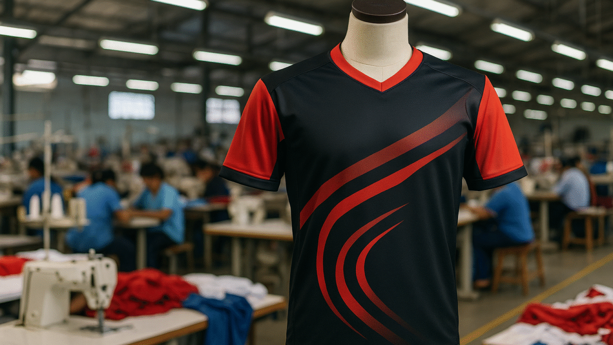 Jersey e-sports modern dengan aksen merah di pabrik tekstil garment Jawa Barat, suasana produksi konveksi profesional.