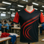 Jersey e-sports modern dengan aksen merah di pabrik tekstil garment Jawa Barat, suasana produksi konveksi profesional.