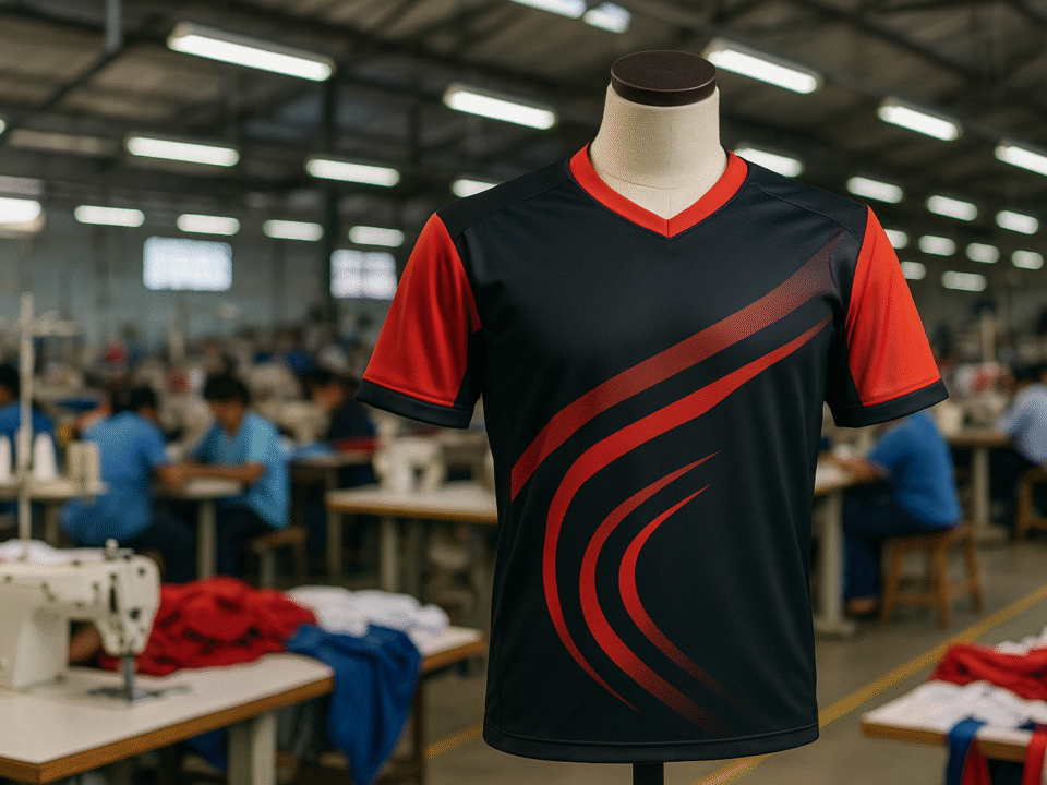 Jersey e-sports modern dengan aksen merah di pabrik tekstil garment Jawa Barat, suasana produksi konveksi profesional.