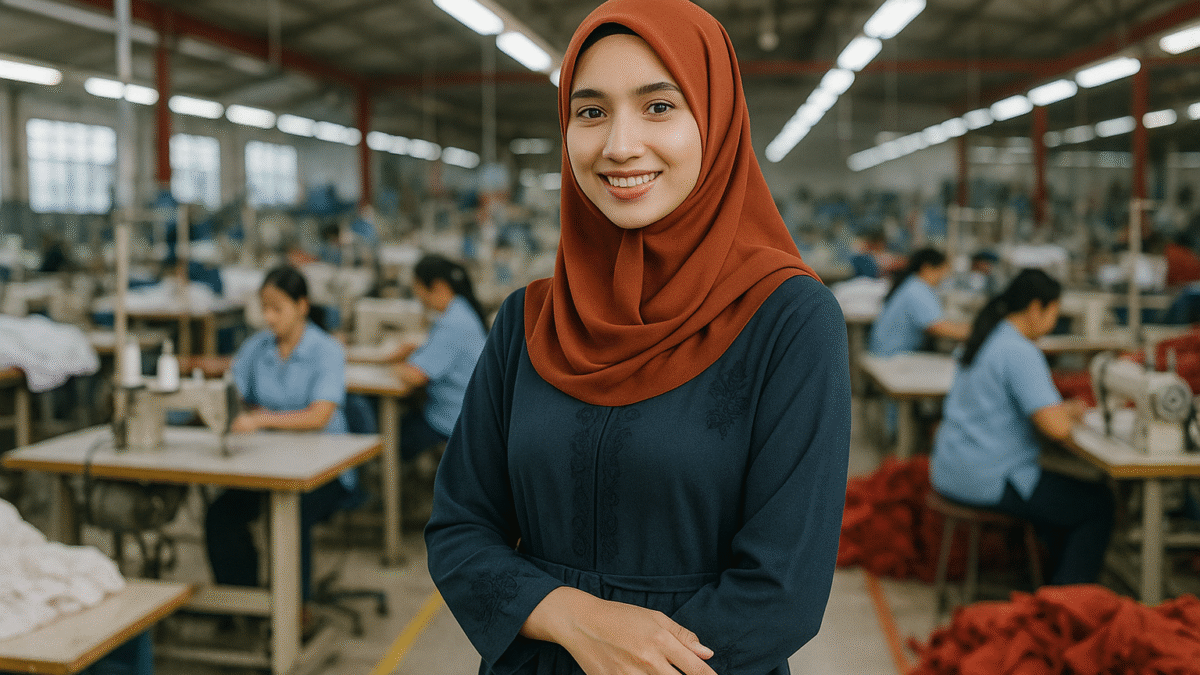 Seorang mahasiswi berhijab modis berpose di dalam pabrik konveksi tekstil modern di Jawa Barat, suasana produksi aktif dan profesional.