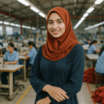 Seorang mahasiswi berhijab modis berpose di dalam pabrik konveksi tekstil modern di Jawa Barat, suasana produksi aktif dan profesional.