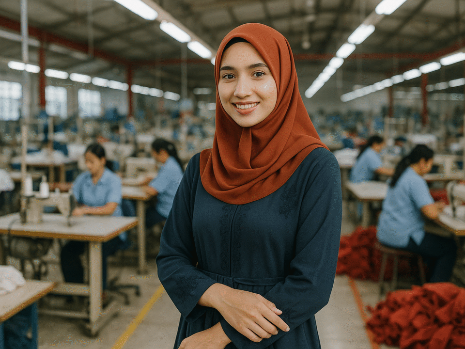 Seorang mahasiswi berhijab modis berpose di dalam pabrik konveksi tekstil modern di Jawa Barat, suasana produksi aktif dan profesional.