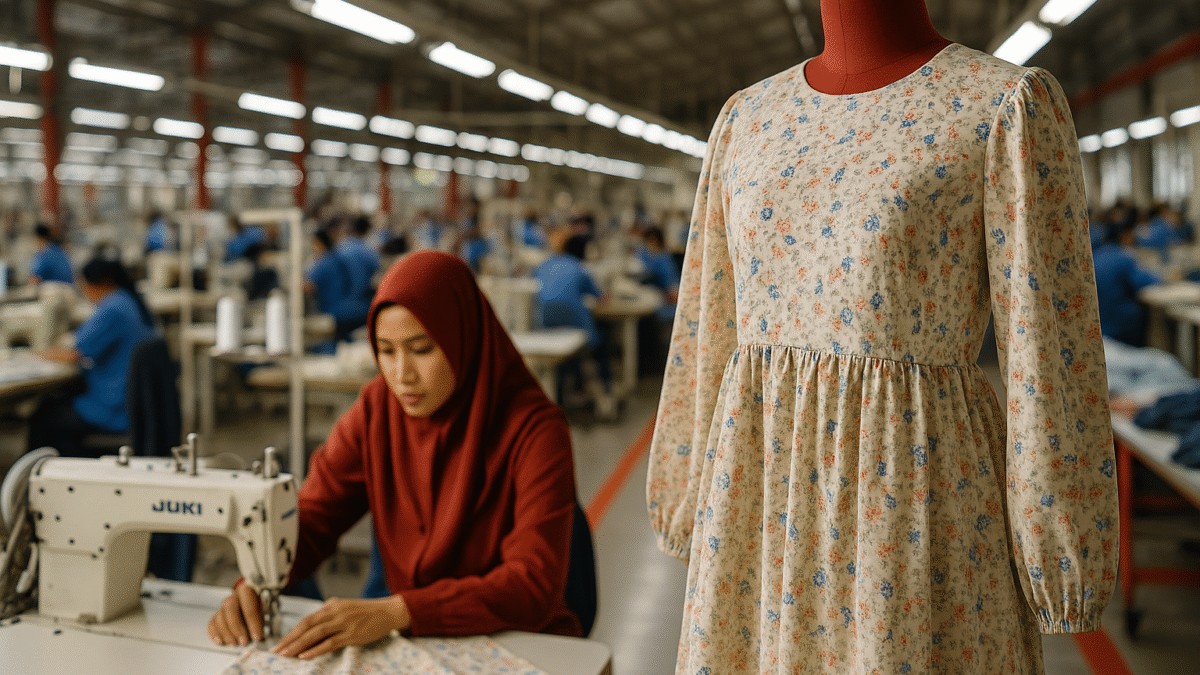 Gaun berbahan katun Jepang bermotif floral di atas manekin, di tengah suasana pabrik tekstil modern di Jawa Barat, dengan pekerja wanita berhijab merah fokus menjahit di latar depan, aksen warna merah.