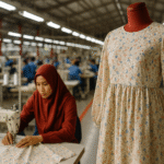 Gaun berbahan katun Jepang bermotif floral di atas manekin, di tengah suasana pabrik tekstil modern di Jawa Barat, dengan pekerja wanita berhijab merah fokus menjahit di latar depan, aksen warna merah.